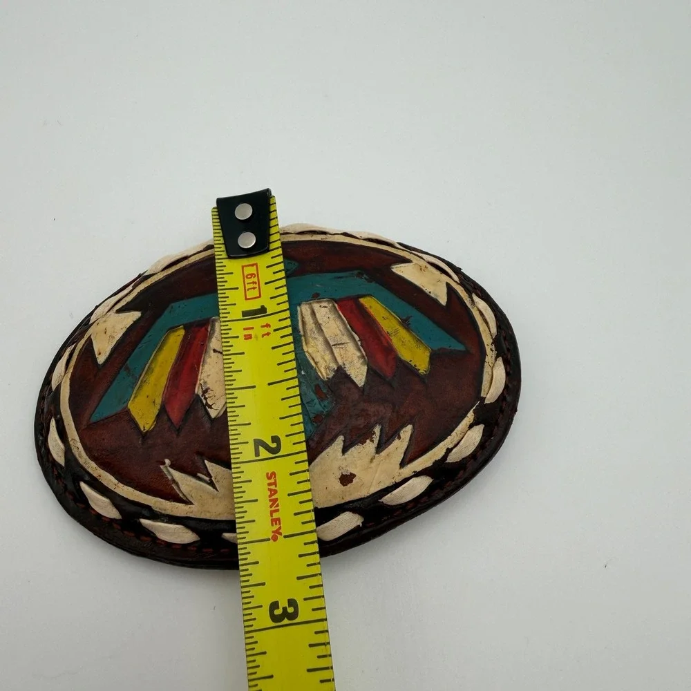VTG Justin Leather Belt Buckle Hand Tooled Thunderbird Painted Oval 61-P‎